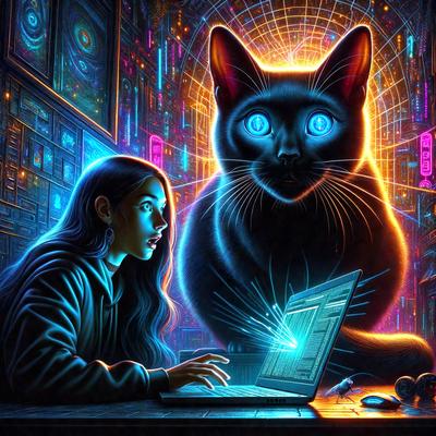 The primary subject of the image is a woman sitting at a desk, using a laptop computer. The setting is a room with a desk and a chair. The visual style is digital art, as the image is a colorful and detailed illustration of the woman and the cat. The dominant colors are blue and purple, creating a calm and creative atmosphere.